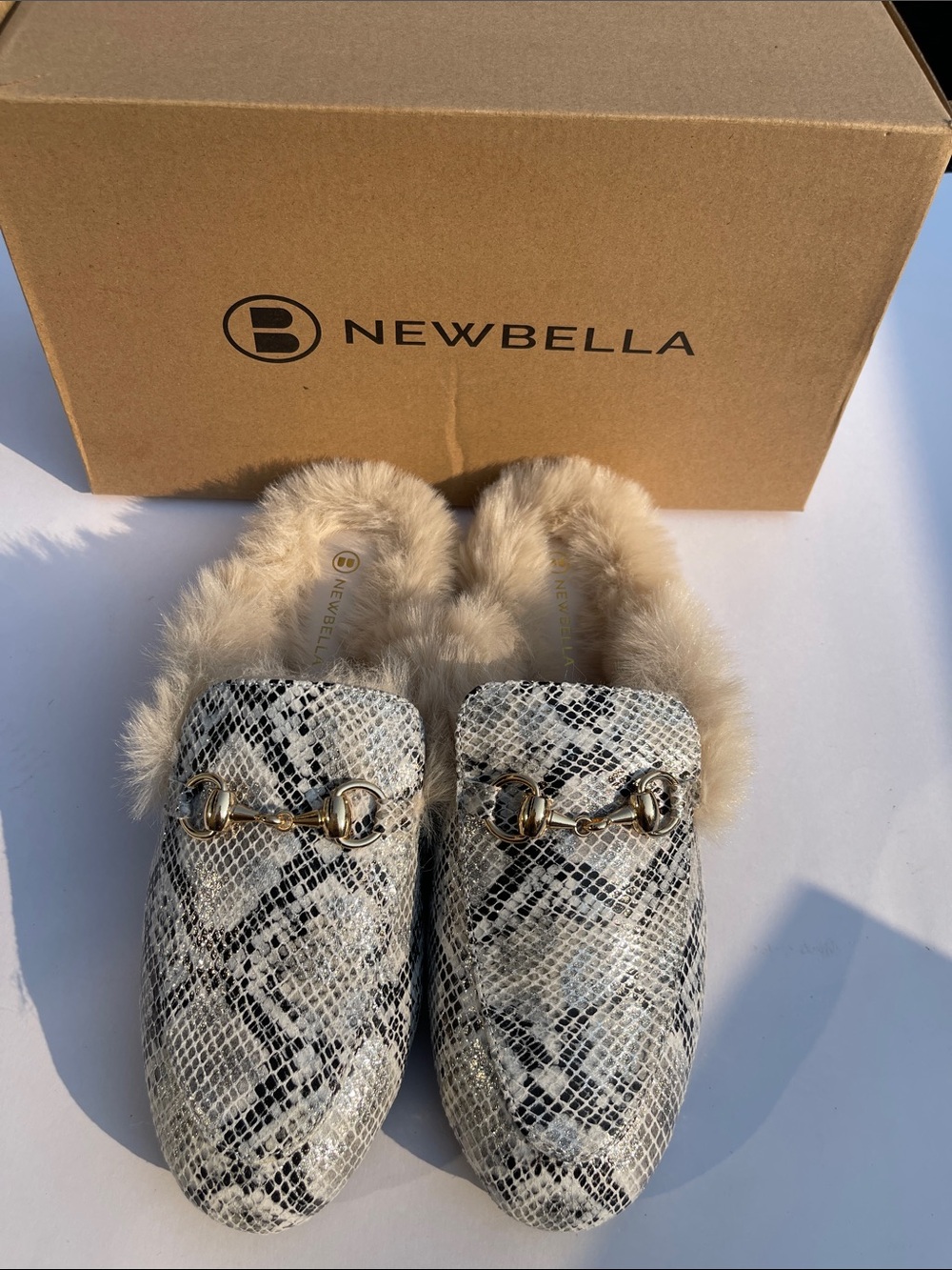 Newbella Beige Snake-Print Fur-Trim Mules